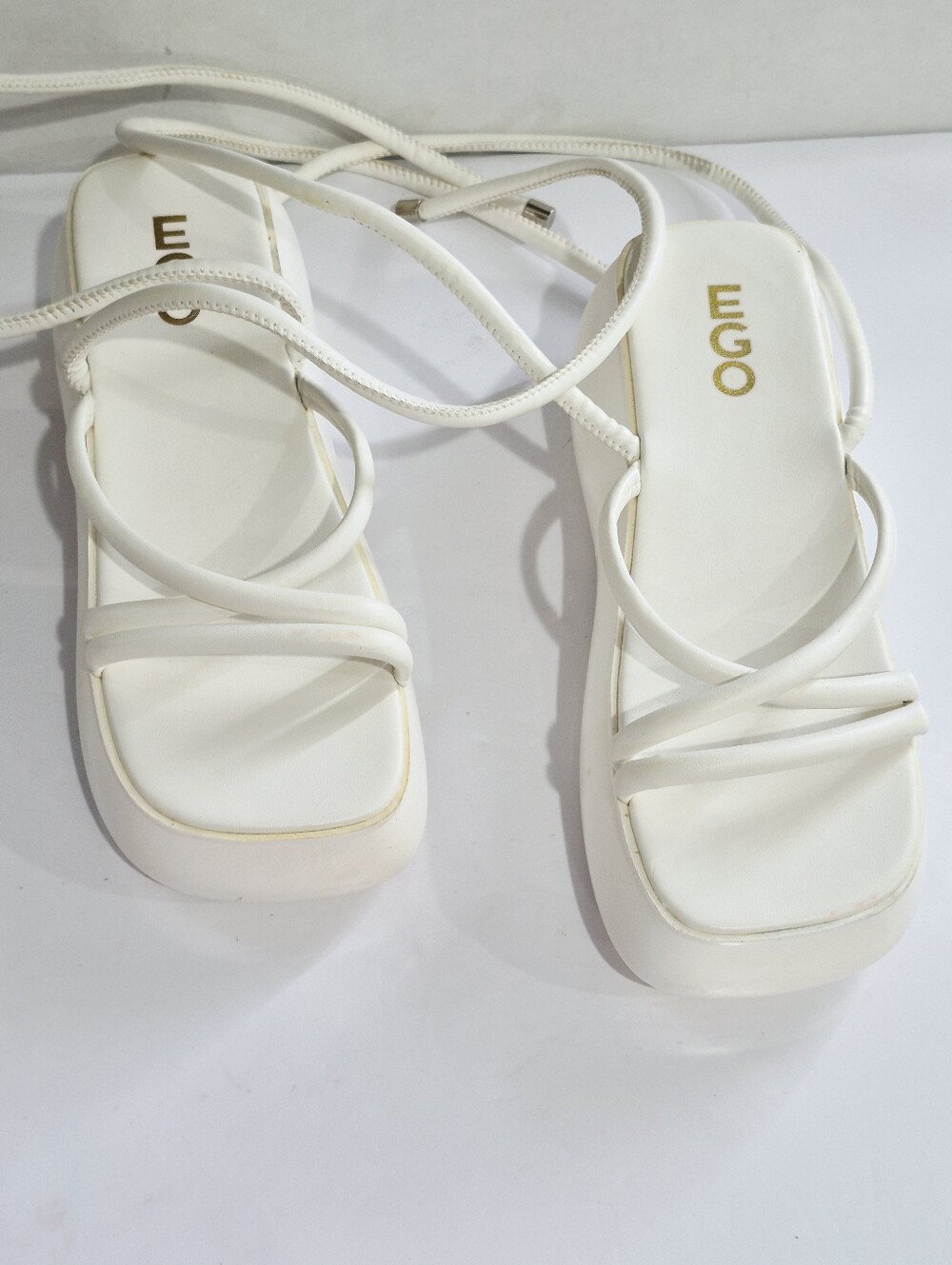EGO White Lace-Up Square-Toe Strappy Sandals Size 9UK